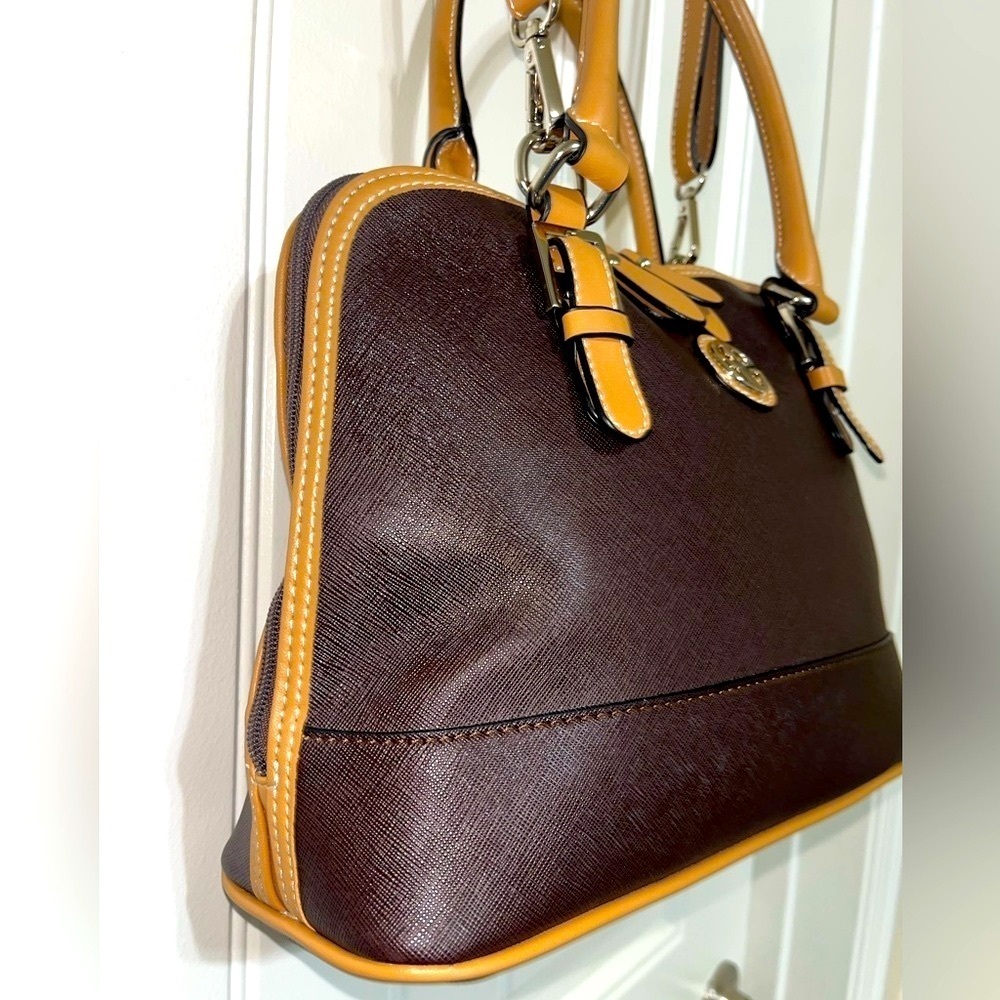 GIANI BERNINI Safiano Dome Satchel, Dark Brown and Tan, includes adjst. Strap - Picture 4 of 15
